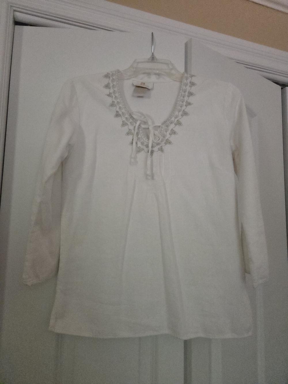 Women’s Cream Embroidered Tie-Neck Top